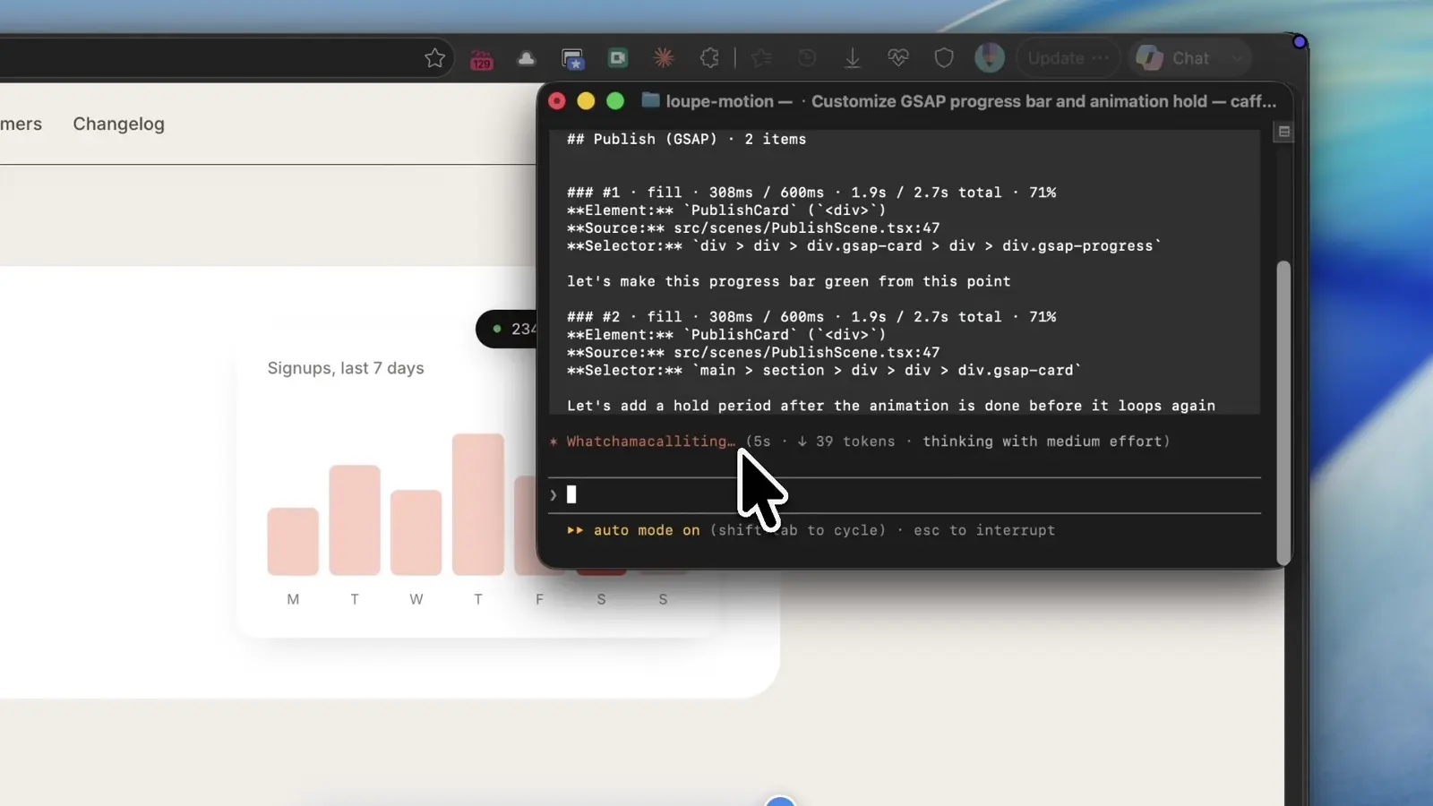 The Loupe note pasted into Claude Code, with the element, file, line, and timing